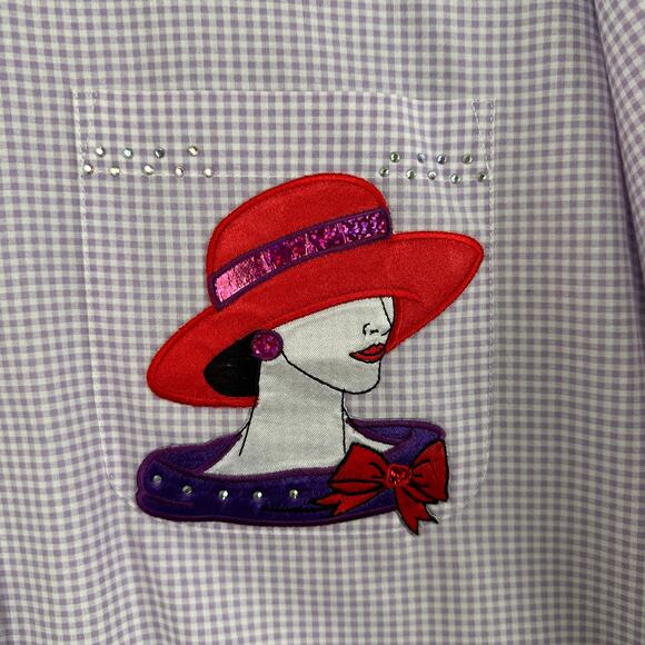 Hot Dames Red Hat Society Button Up Shirt Size M Gingham Purple Red Appliqué - Picture 7 of 8